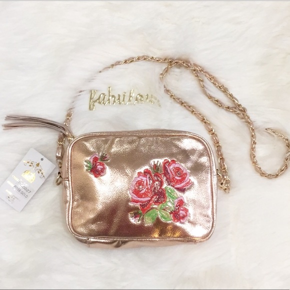 Handbags - rose gold rose embroidered detail chain bag